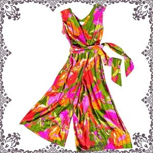 Vintage 70s Neon Barkcloth Floral Wide-Leg Palazzo Jumpsuit